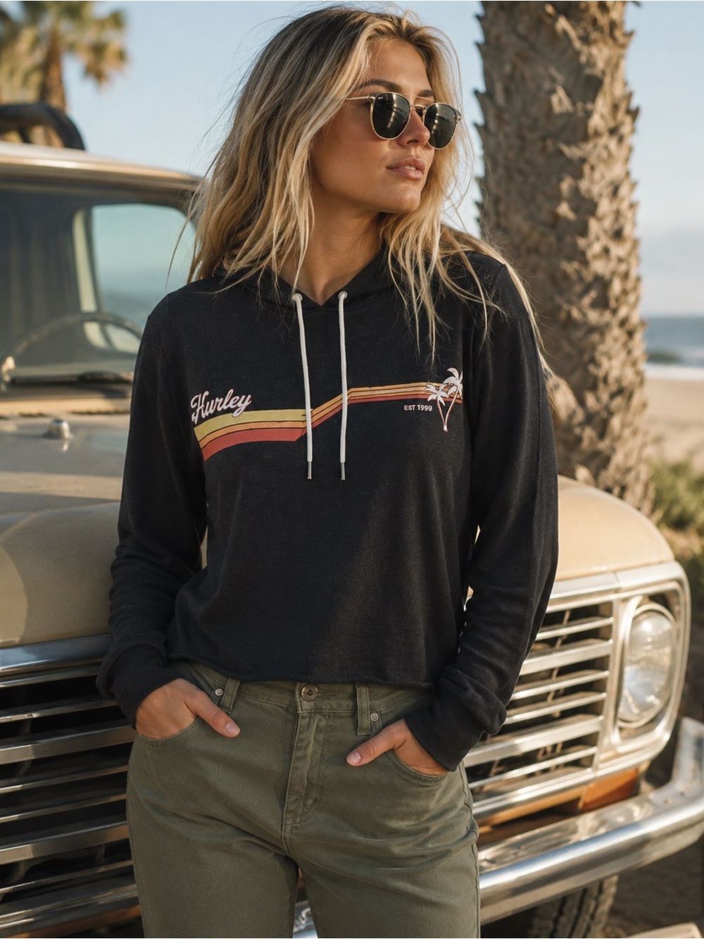Hurley Cropped Hoodie Black Retro Stripe Palm Tree Sz M NEW!